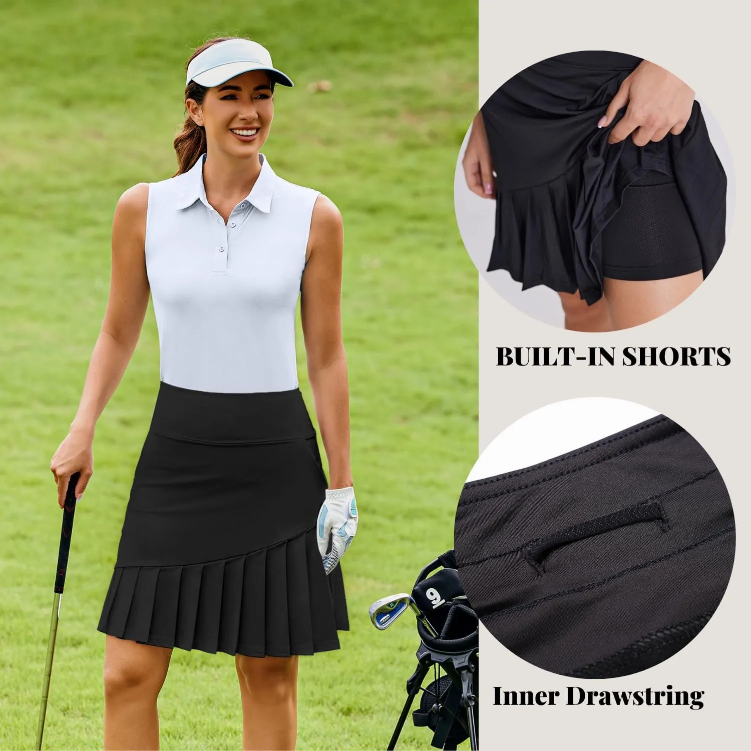 PINSPARK Golf Skirts for Women 20" Knee Length Skorts Pleated Tennis Skirts with Shorts Tummy Control Casual Modest Skirts
