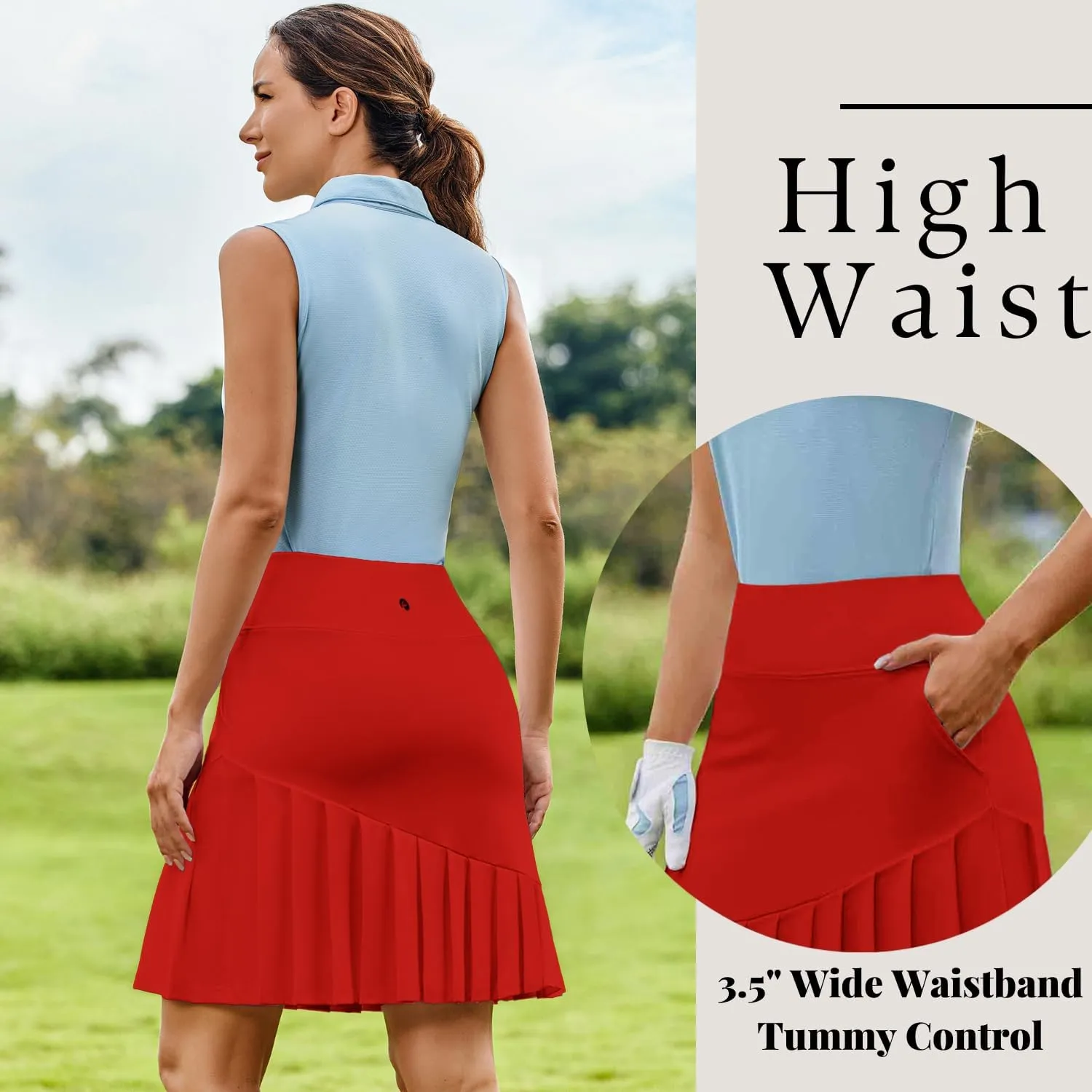 PINSPARK Golf Skirts for Women 20" Knee Length Skorts Pleated Tennis Skirts with Shorts Tummy Control Casual Modest Skirts