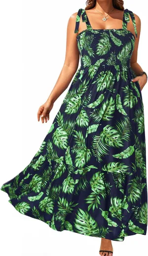 Pinup Fashion Women Plus Size Summer Maxi Dress Casual Smocked Bust Long Sundress with Pockets