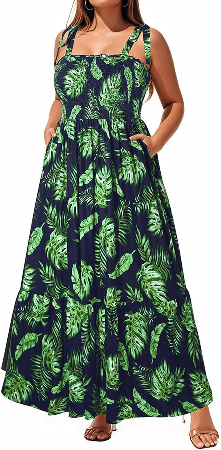 Pinup Fashion Women Plus Size Summer Maxi Dress Casual Smocked Bust Long Sundress with Pockets