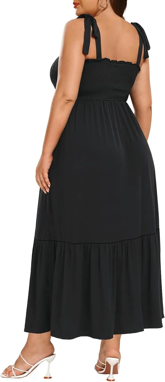 Pinup Fashion Women Plus Size Summer Maxi Dress Casual Smocked Bust Long Sundress with Pockets