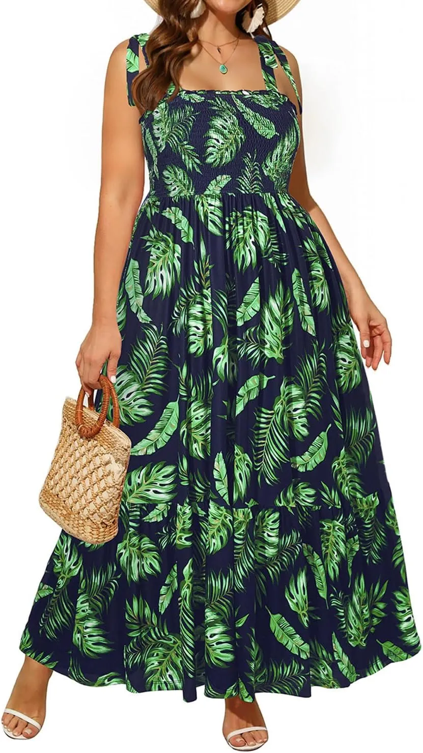 Pinup Fashion Women Plus Size Summer Maxi Dress Casual Smocked Bust Long Sundress with Pockets