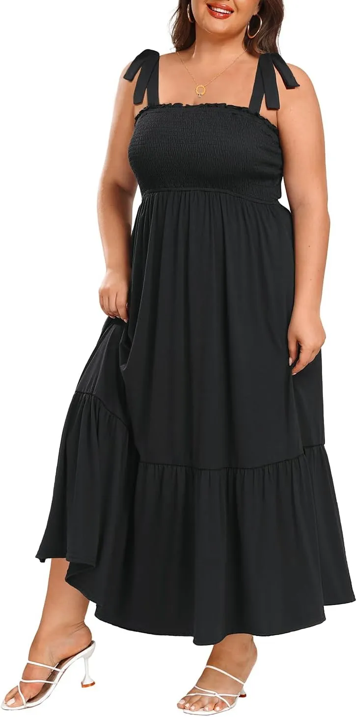 Pinup Fashion Women Plus Size Summer Maxi Dress Casual Smocked Bust Long Sundress with Pockets