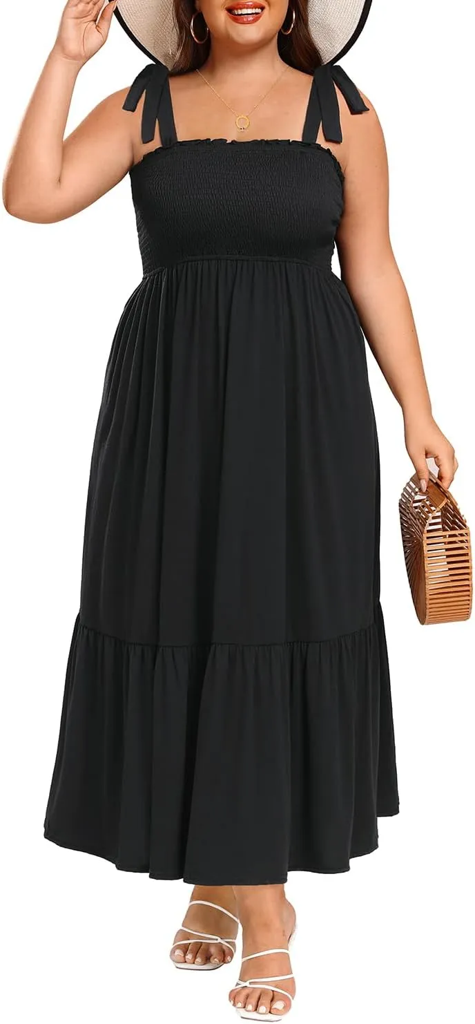 Pinup Fashion Women Plus Size Summer Maxi Dress Casual Smocked Bust Long Sundress with Pockets