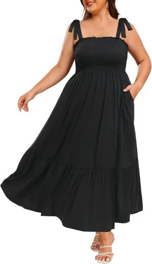 Pinup Fashion Women Plus Size Summer Maxi Dress Casual Smocked Bust Long Sundress with Pockets