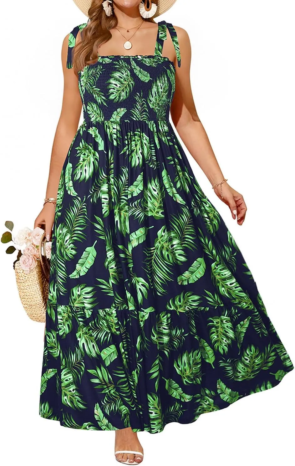 Pinup Fashion Women Plus Size Summer Maxi Dress Casual Smocked Bust Long Sundress with Pockets