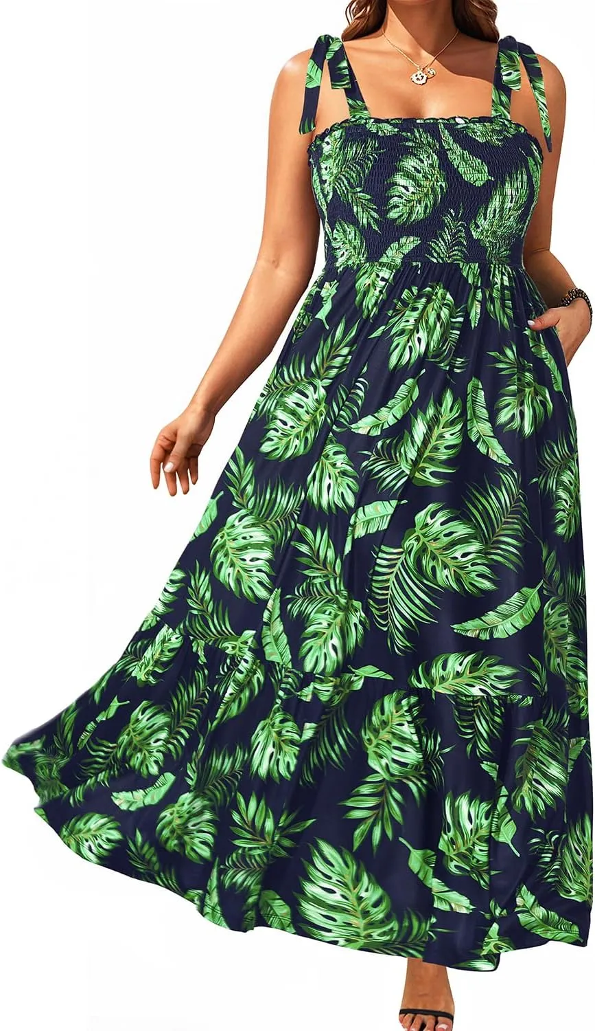Pinup Fashion Women Plus Size Summer Maxi Dress Casual Smocked Bust Long Sundress with Pockets