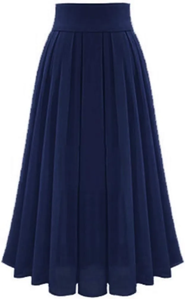 Pleated Holiday Skirt Chiffon Solid Skirts A Line High Waist Flowy Rise Summer 2023 Long Modest A Line Skirt Casual Navy