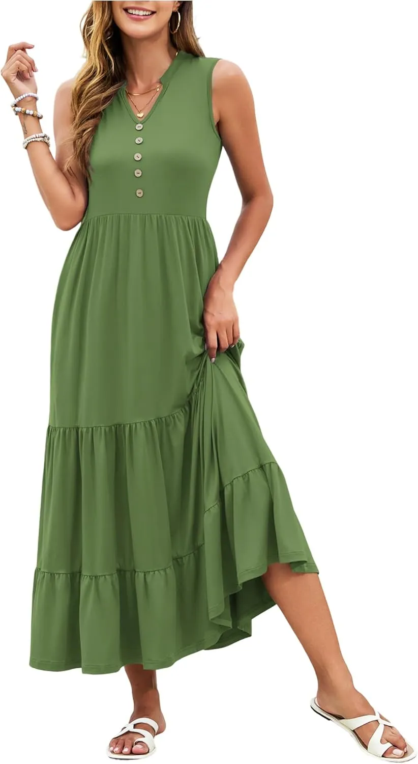 PLOKNRD Women's Casual Dress Summer Sleeveless V Neck Sundress Flowy Tiered Midi Long Beach Dress 2025 Vacation Outfits