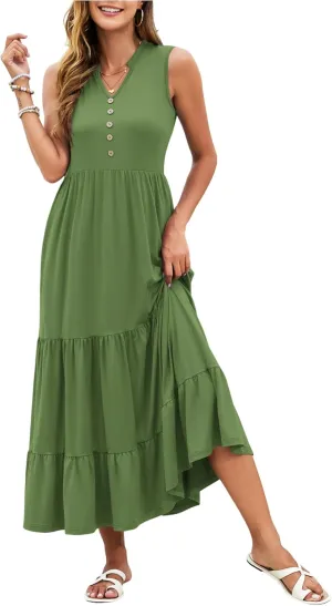 PLOKNRD Women's Casual Dress Summer Sleeveless V Neck Sundress Flowy Tiered Midi Long Beach Dress 2025 Vacation Outfits