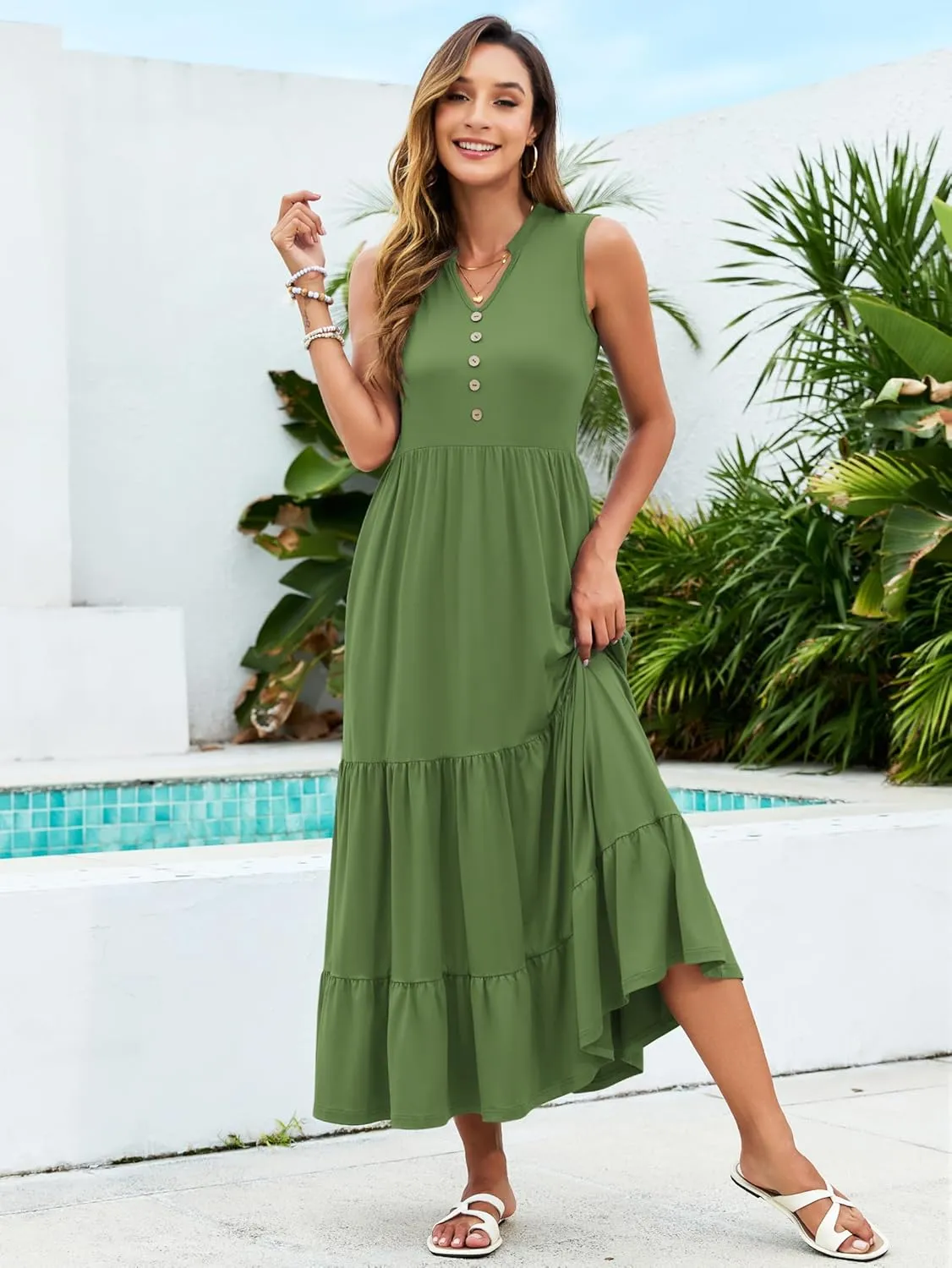 PLOKNRD Women's Casual Dress Summer Sleeveless V Neck Sundress Flowy Tiered Midi Long Beach Dress 2025 Vacation Outfits