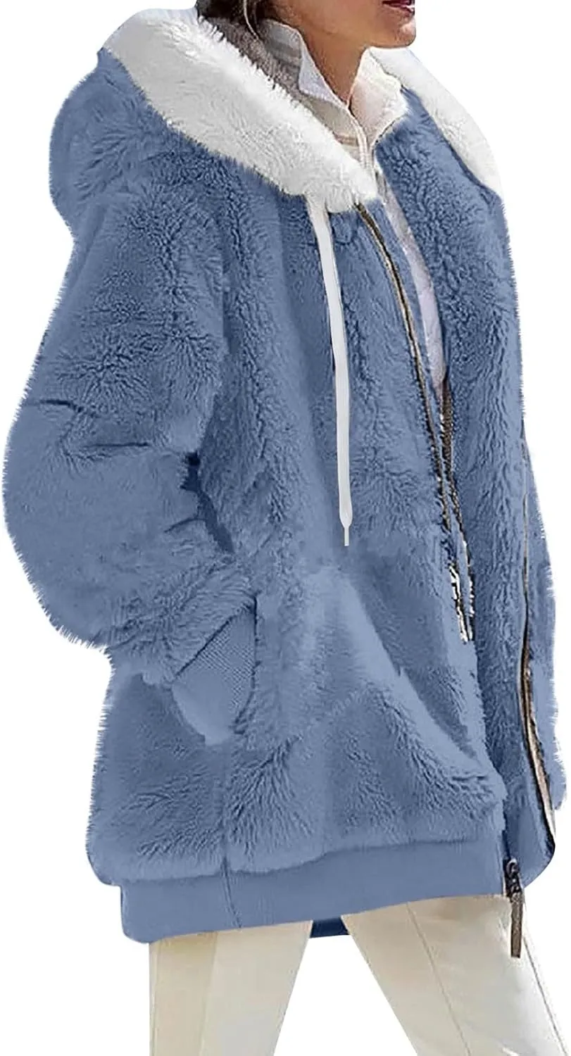 Plus Size Winter Coats For Women Full Zip Oversized Fleece Sherpa Jacket Drawstring Fuzzy Hooded Outerwear w/Pockets