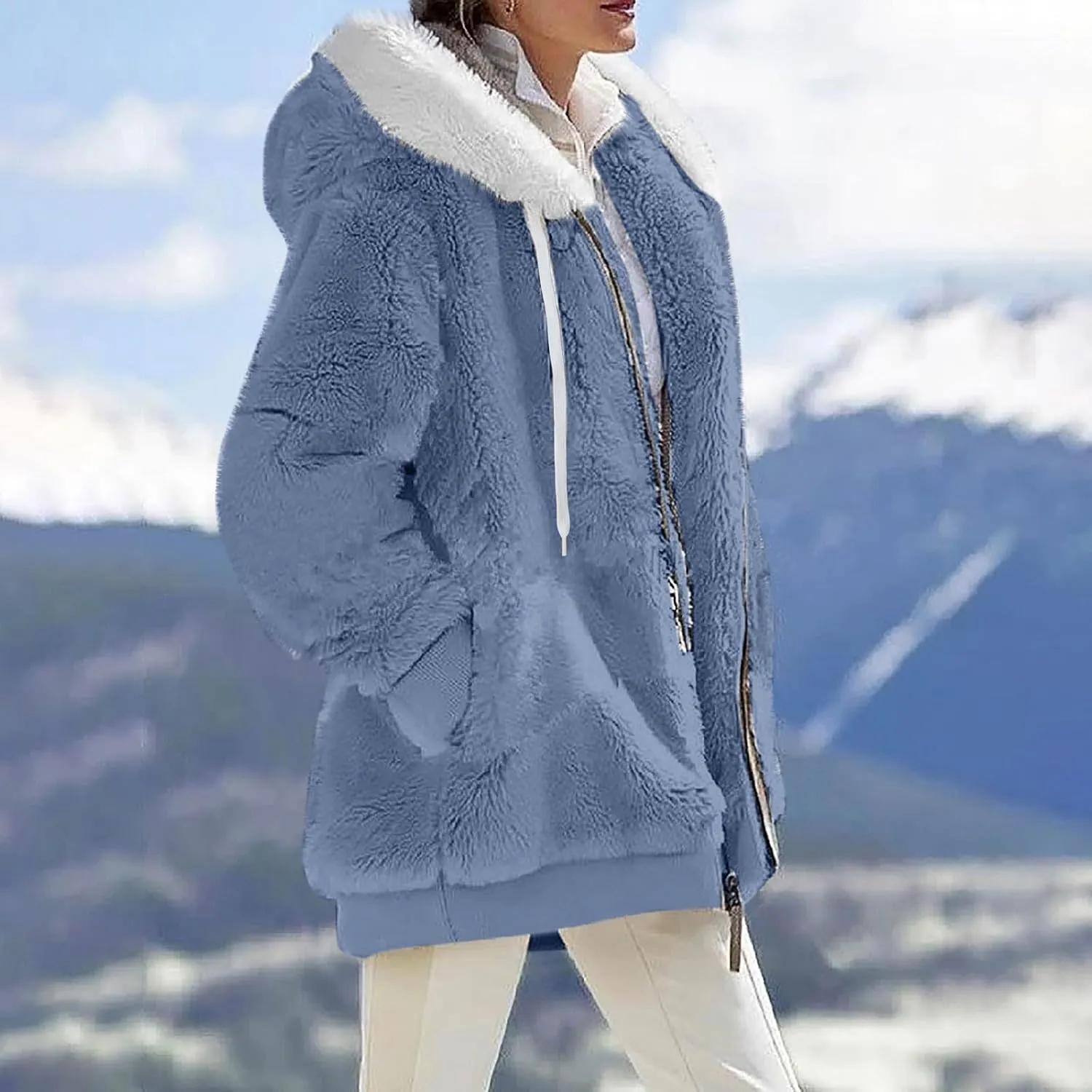 Plus Size Winter Coats For Women Full Zip Oversized Fleece Sherpa Jacket Drawstring Fuzzy Hooded Outerwear w/Pockets
