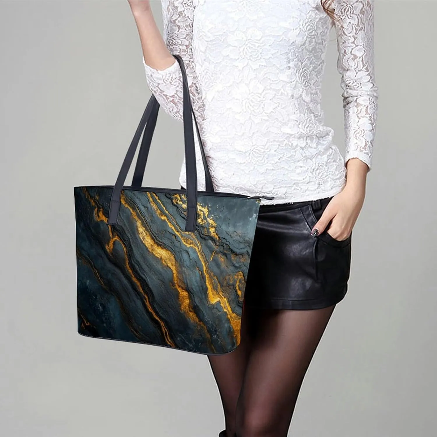 Polished Black Marble with Golden Veins Women Soft Leather Handbags Tote Purses Shoulder Bucket Bags