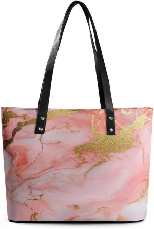 Polished Black Marble with Golden Veins Women Soft Leather Handbags Tote Purses Shoulder Bucket Bags