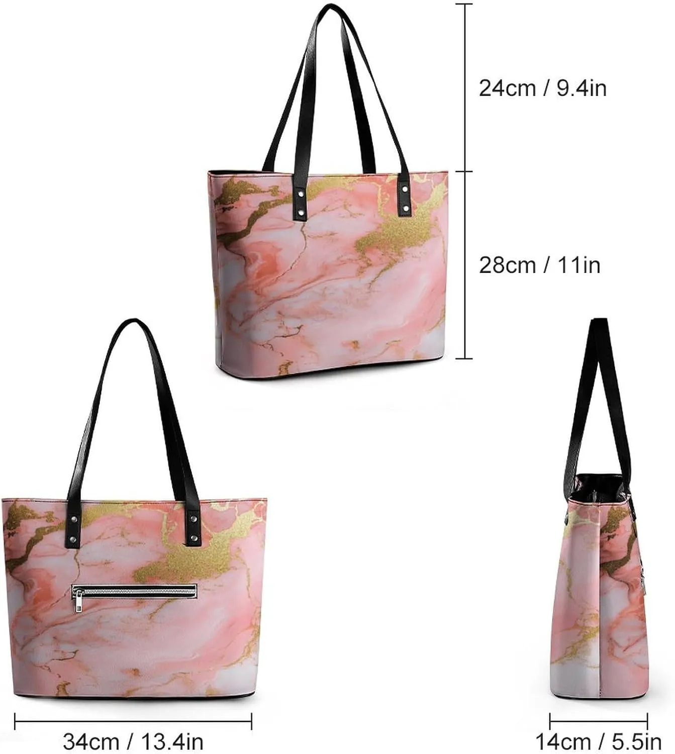 Polished Black Marble with Golden Veins Women Soft Leather Handbags Tote Purses Shoulder Bucket Bags