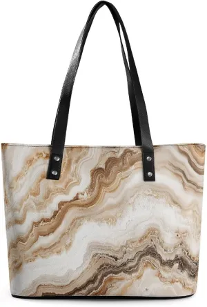Polished Black Marble with Golden Veins Women Soft Leather Handbags Tote Purses Shoulder Bucket Bags