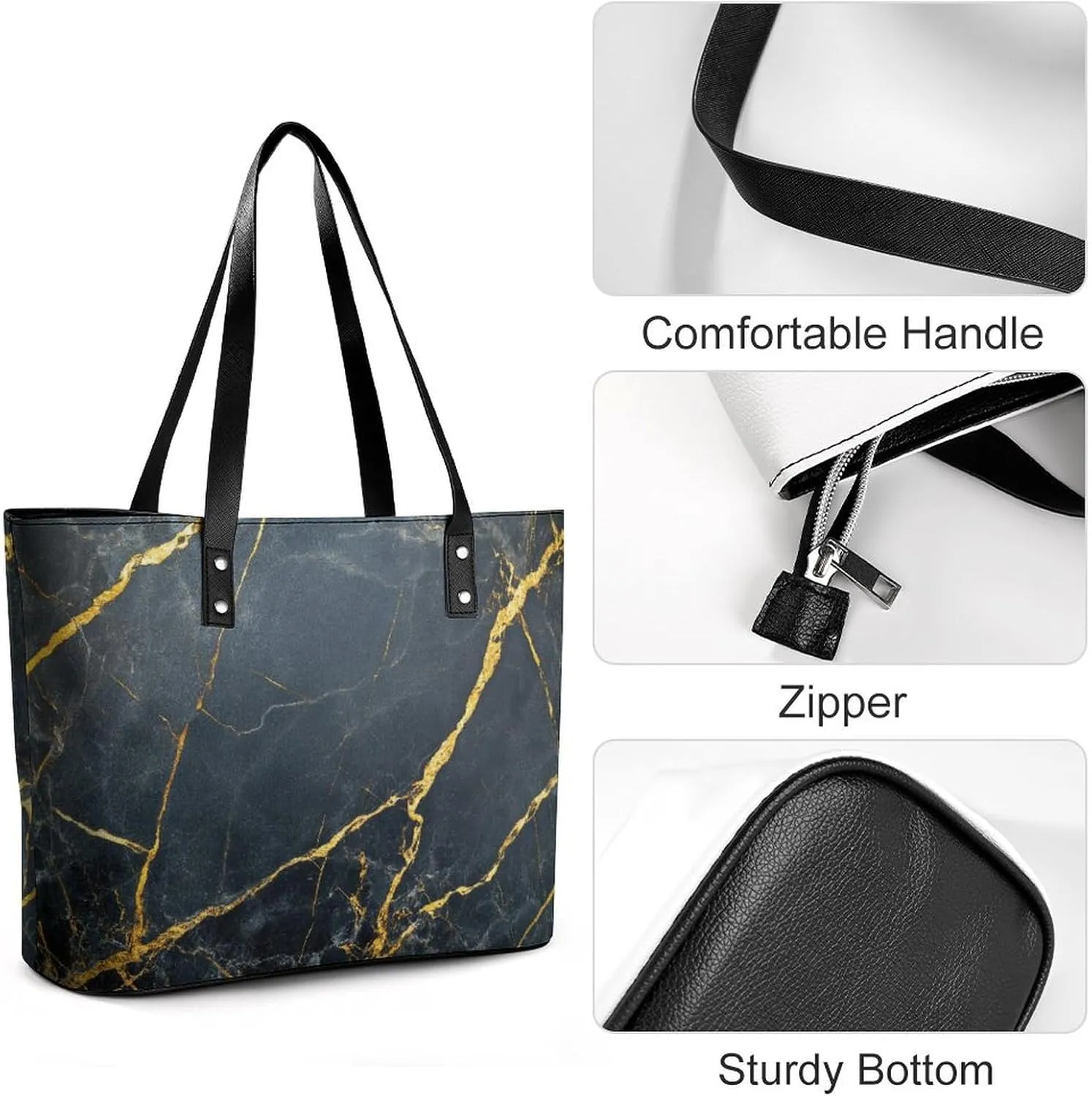 Polished Black Marble with Golden Veins Women Soft Leather Handbags Tote Purses Shoulder Bucket Bags