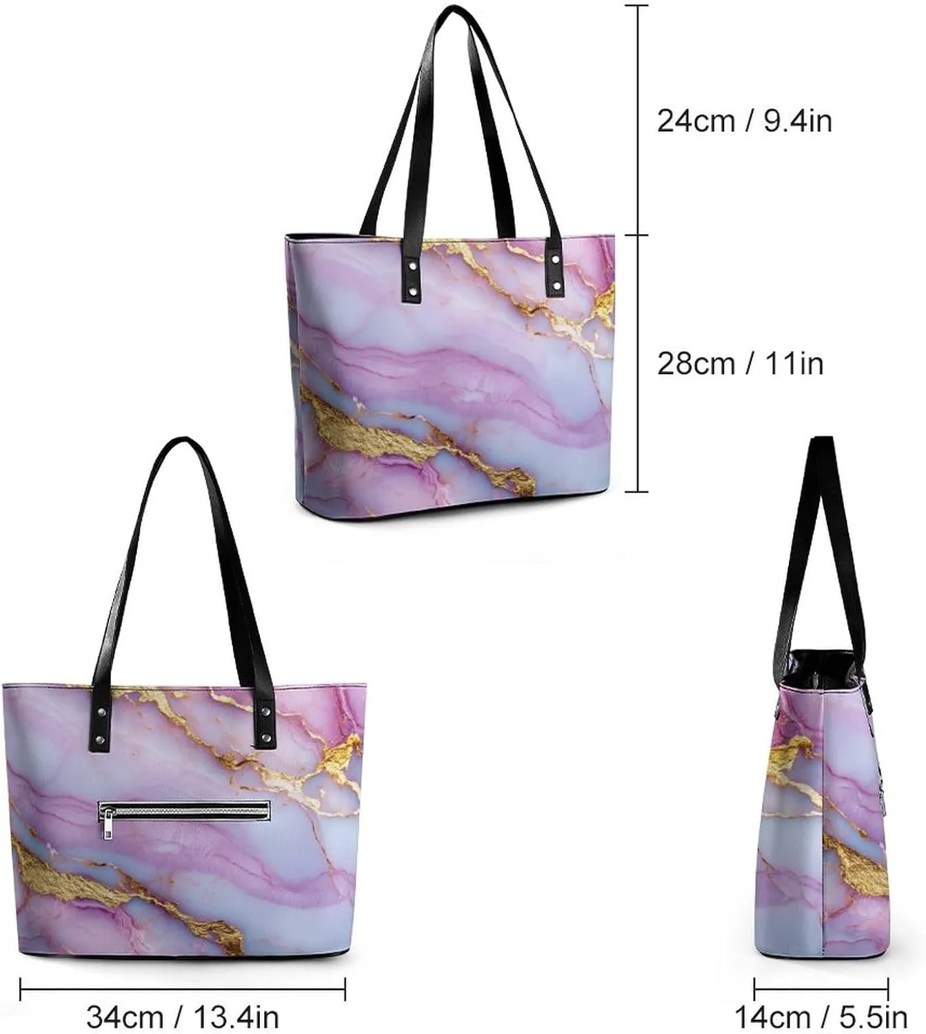 Polished Black Marble with Golden Veins Women Soft Leather Handbags Tote Purses Shoulder Bucket Bags