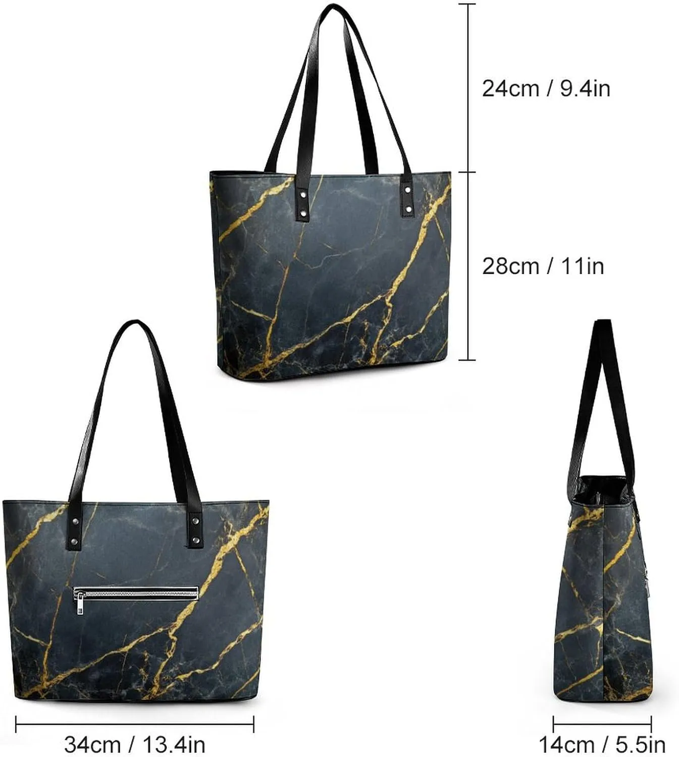 Polished Black Marble with Golden Veins Women Soft Leather Handbags Tote Purses Shoulder Bucket Bags
