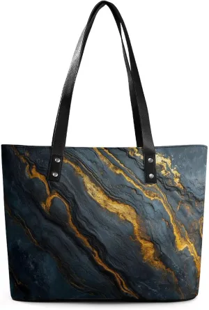 Polished Black Marble with Golden Veins Women Soft Leather Handbags Tote Purses Shoulder Bucket Bags