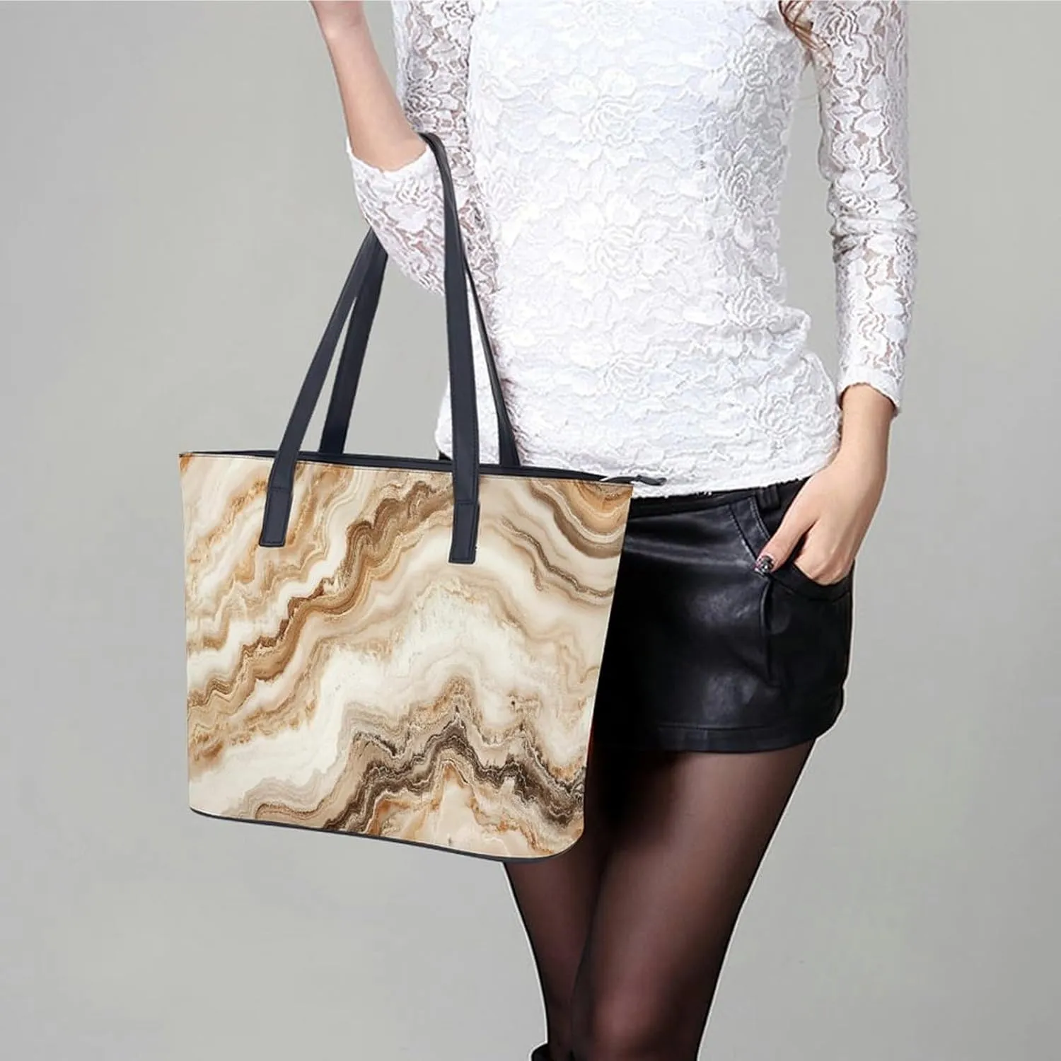 Polished Black Marble with Golden Veins Women Soft Leather Handbags Tote Purses Shoulder Bucket Bags