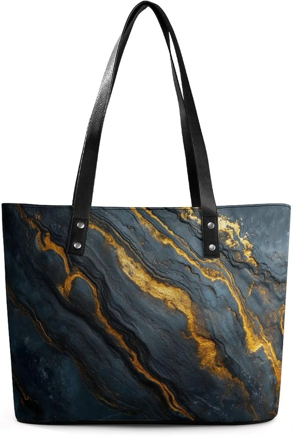 Polished Black Marble with Golden Veins Women Soft Leather Handbags Tote Purses Shoulder Bucket Bags