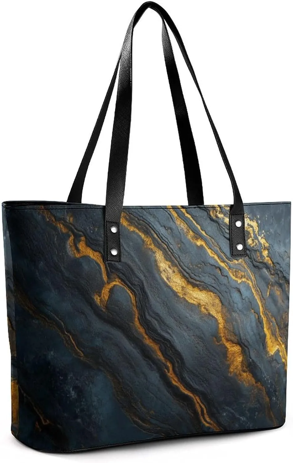 Polished Black Marble with Golden Veins Women Soft Leather Handbags Tote Purses Shoulder Bucket Bags