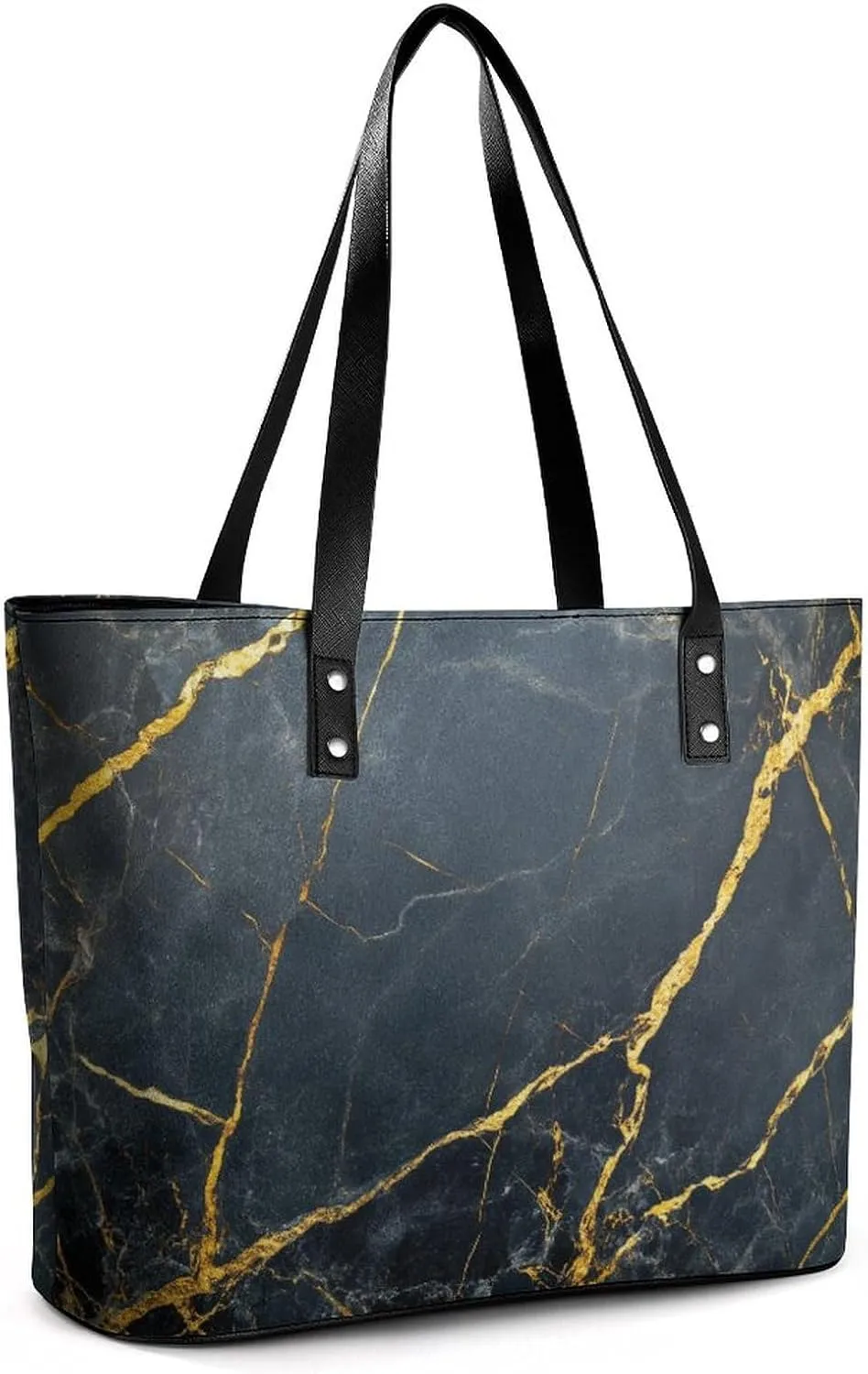 Polished Black Marble with Golden Veins Women Soft Leather Handbags Tote Purses Shoulder Bucket Bags