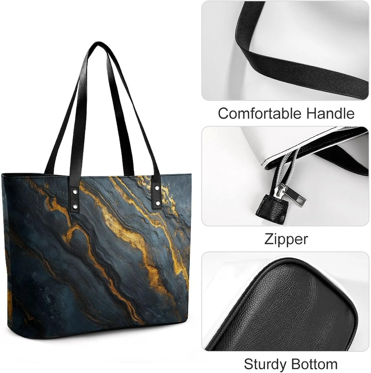 Polished Black Marble with Golden Veins Women Soft Leather Handbags Tote Purses Shoulder Bucket Bags