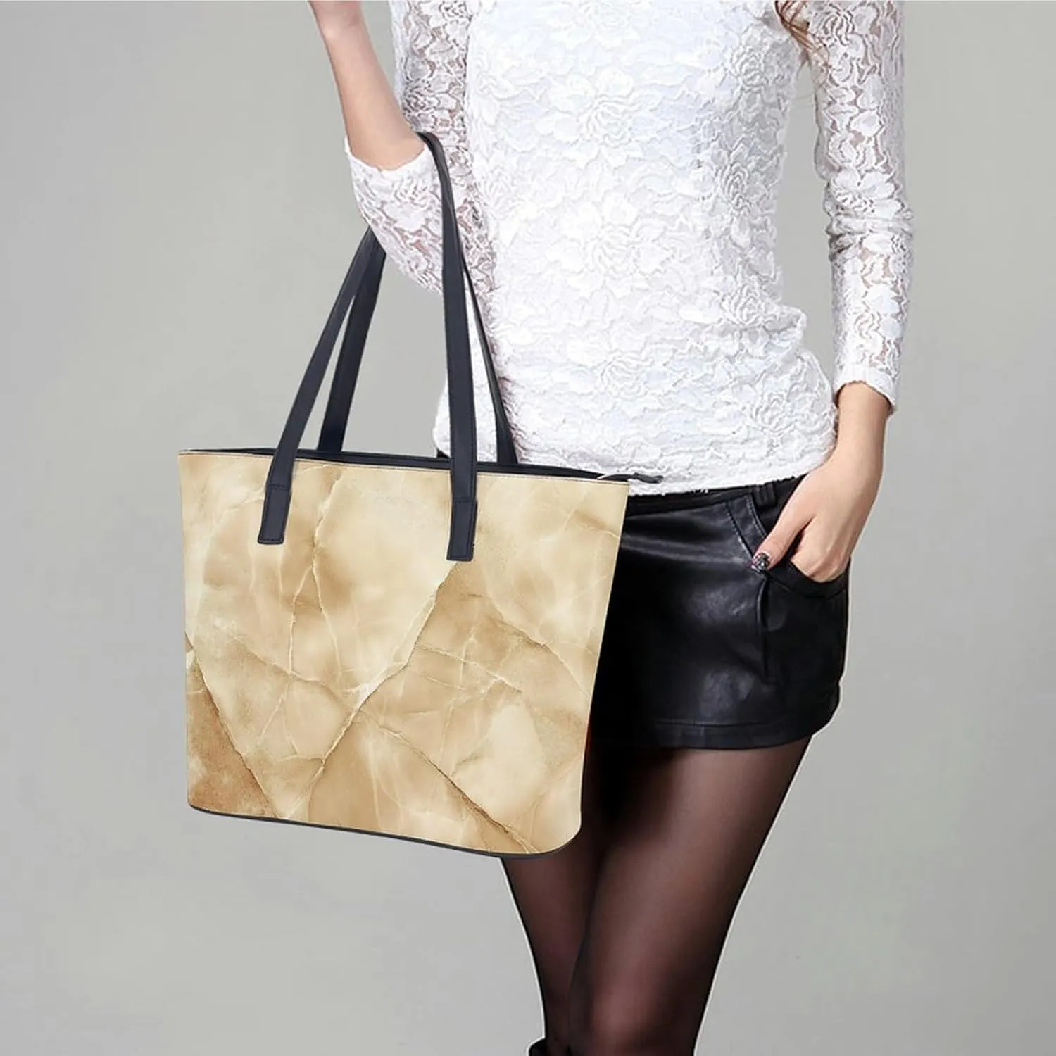 Polished Black Marble with Golden Veins Women Soft Leather Handbags Tote Purses Shoulder Bucket Bags