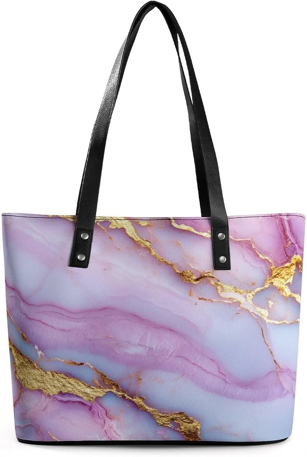 Polished Black Marble with Golden Veins Women Soft Leather Handbags Tote Purses Shoulder Bucket Bags