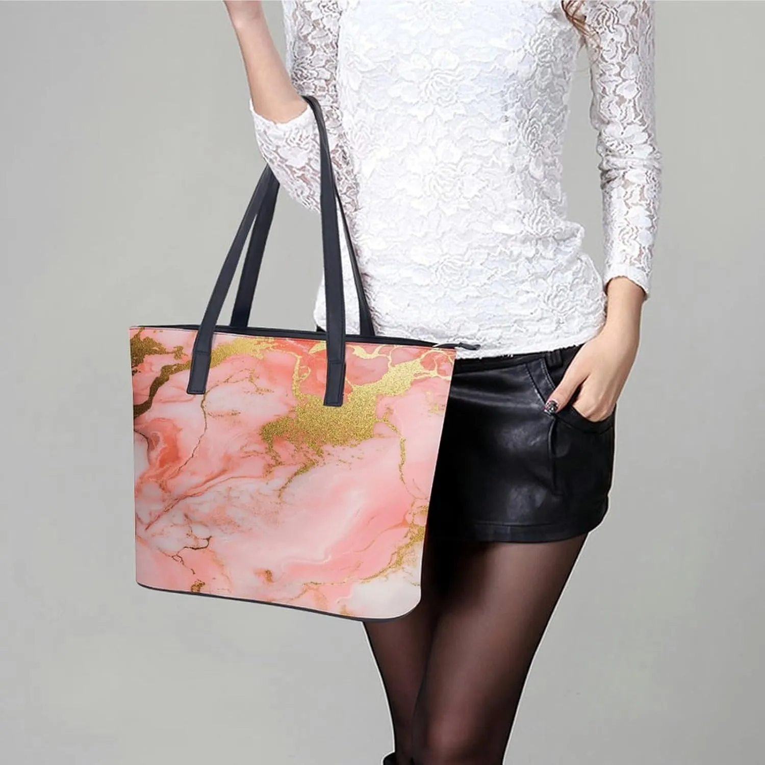 Polished Black Marble with Golden Veins Women Soft Leather Handbags Tote Purses Shoulder Bucket Bags