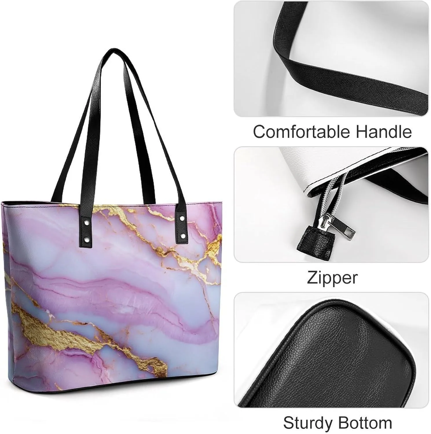 Polished Black Marble with Golden Veins Women Soft Leather Handbags Tote Purses Shoulder Bucket Bags
