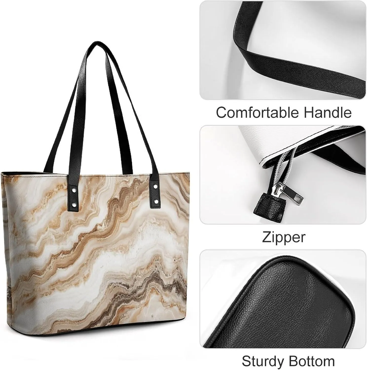 Polished Black Marble with Golden Veins Women Soft Leather Handbags Tote Purses Shoulder Bucket Bags