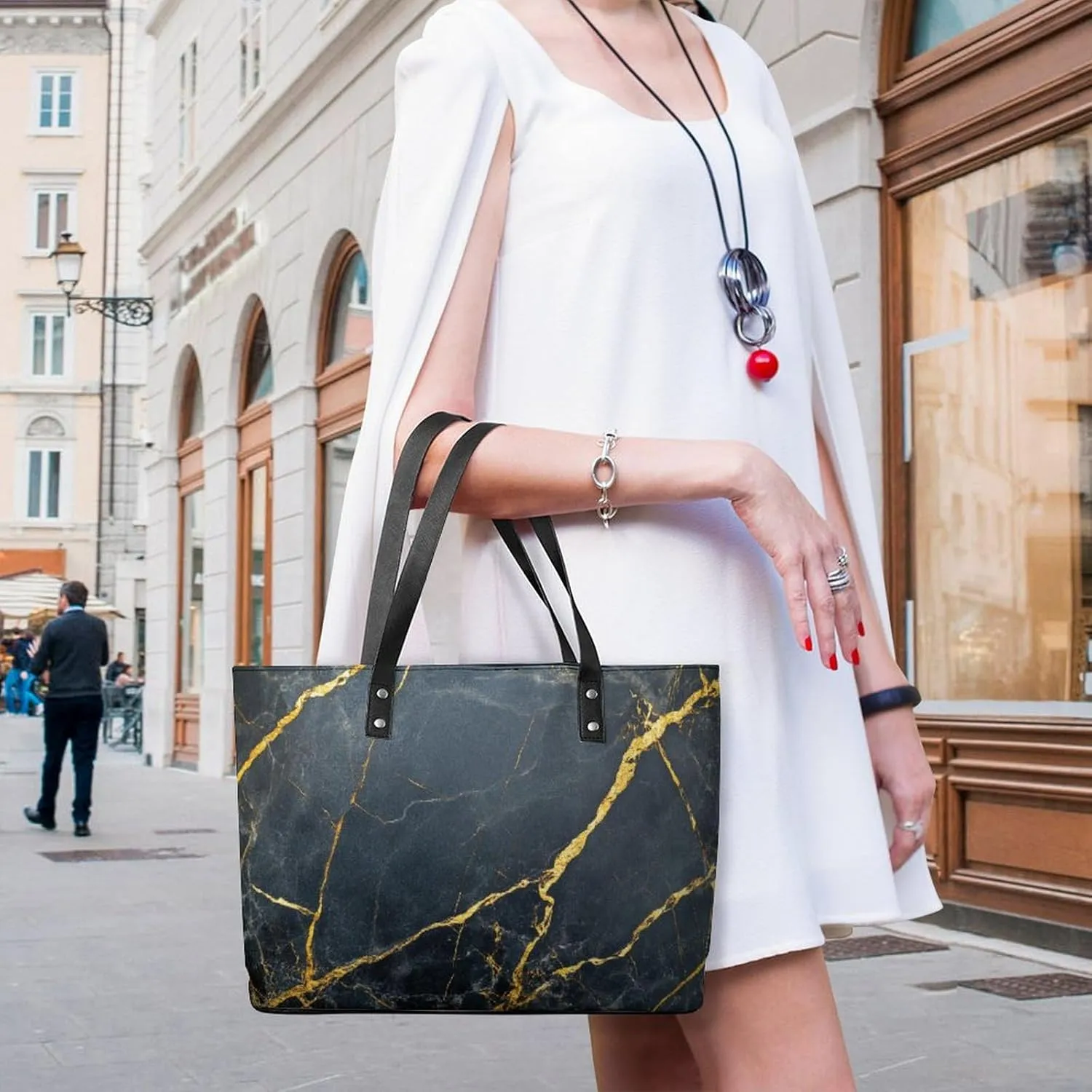 Polished Black Marble with Golden Veins Women Soft Leather Handbags Tote Purses Shoulder Bucket Bags