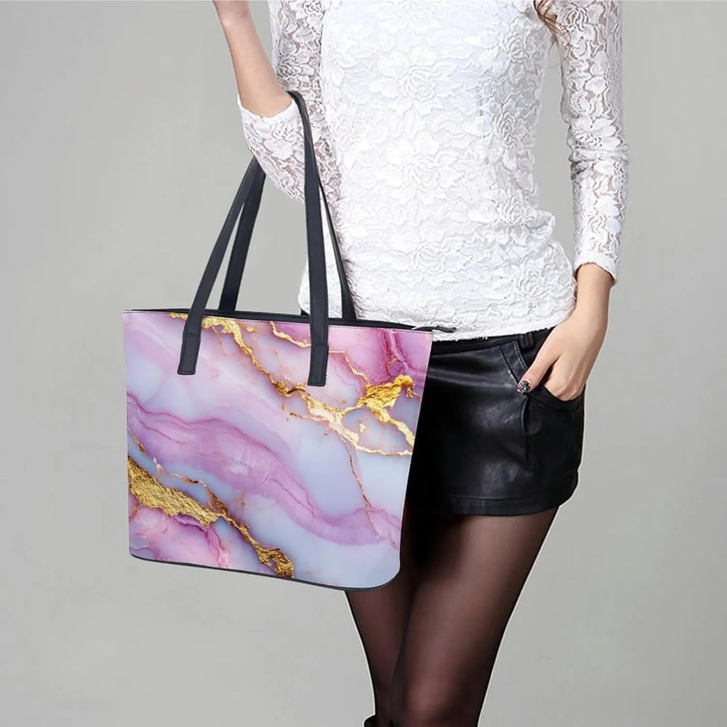 Polished Black Marble with Golden Veins Women Soft Leather Handbags Tote Purses Shoulder Bucket Bags
