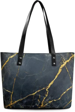 Polished Black Marble with Golden Veins Women Soft Leather Handbags Tote Purses Shoulder Bucket Bags