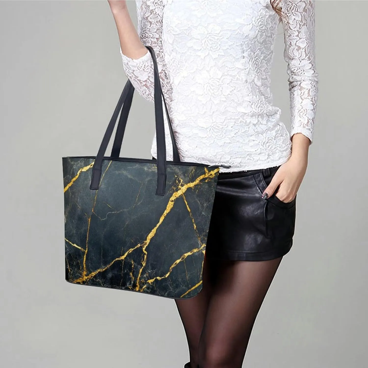 Polished Black Marble with Golden Veins Women Soft Leather Handbags Tote Purses Shoulder Bucket Bags