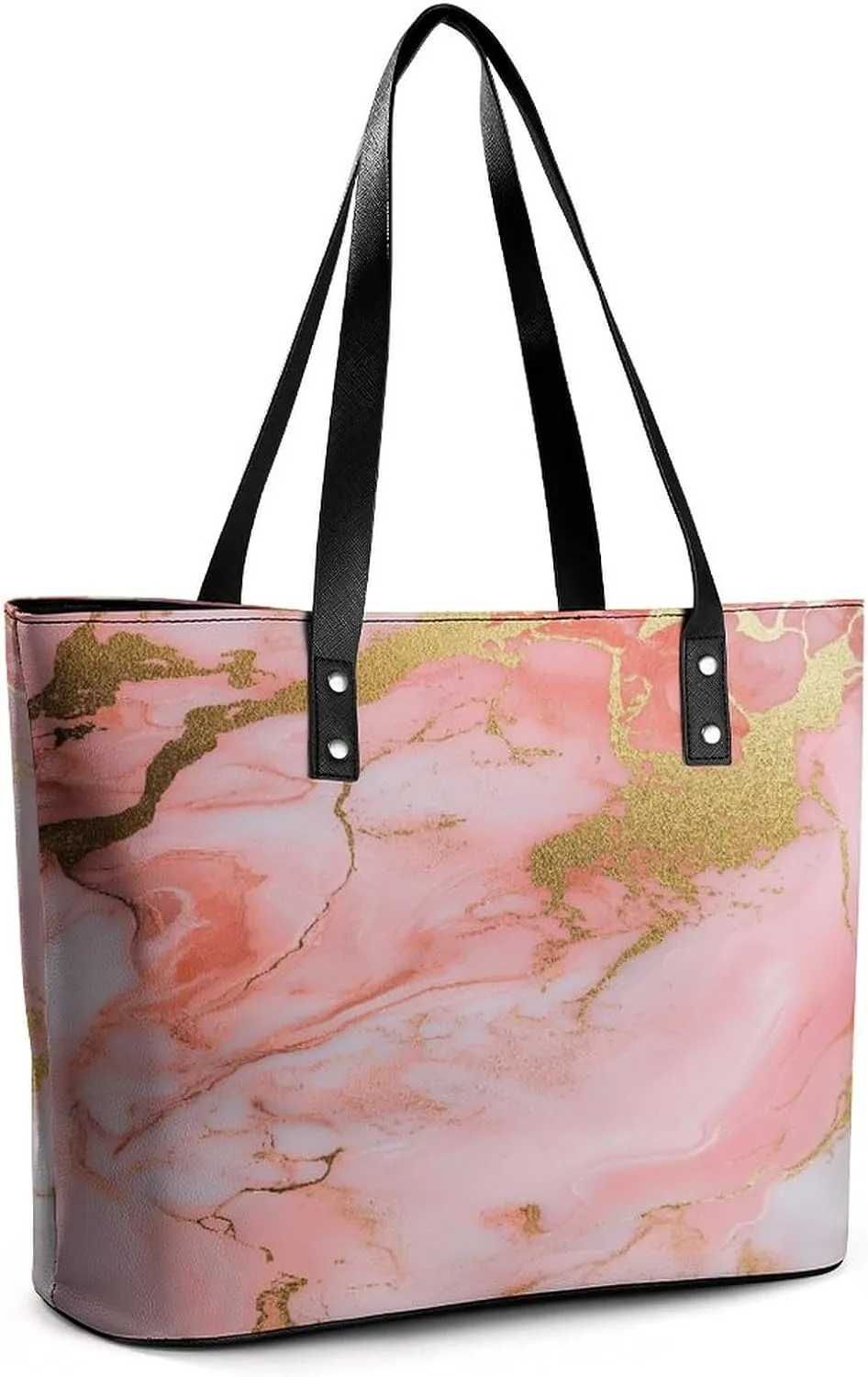 Polished Black Marble with Golden Veins Women Soft Leather Handbags Tote Purses Shoulder Bucket Bags