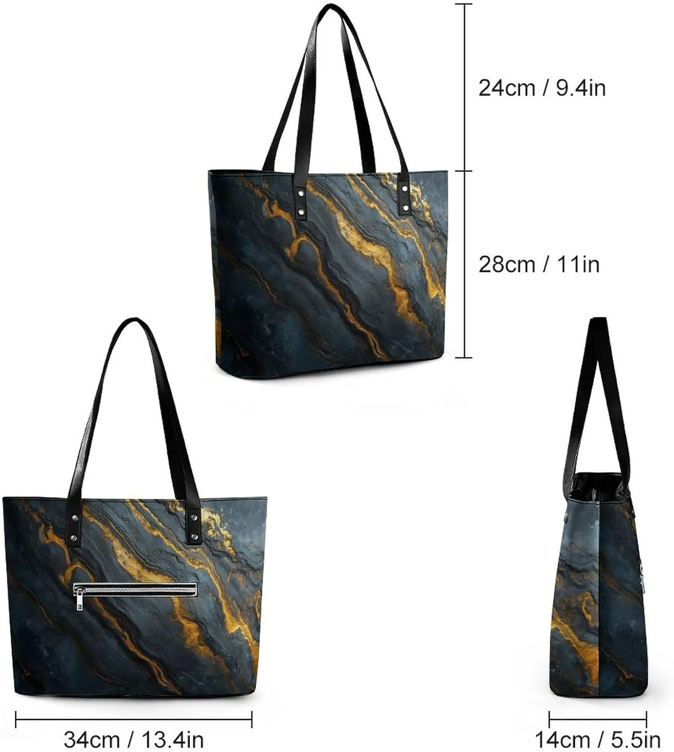 Polished Black Marble with Golden Veins Women Soft Leather Handbags Tote Purses Shoulder Bucket Bags