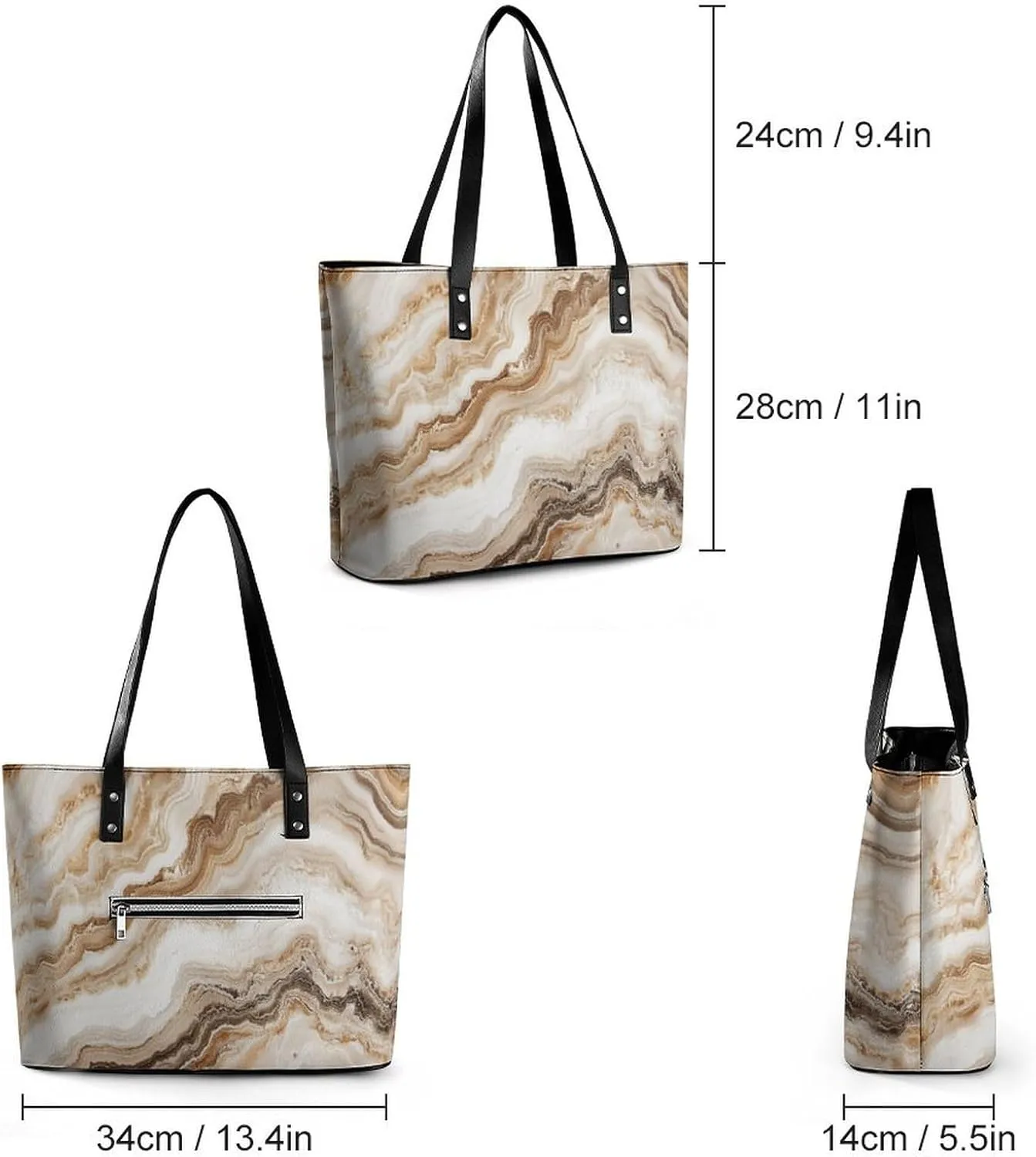 Polished Black Marble with Golden Veins Women Soft Leather Handbags Tote Purses Shoulder Bucket Bags