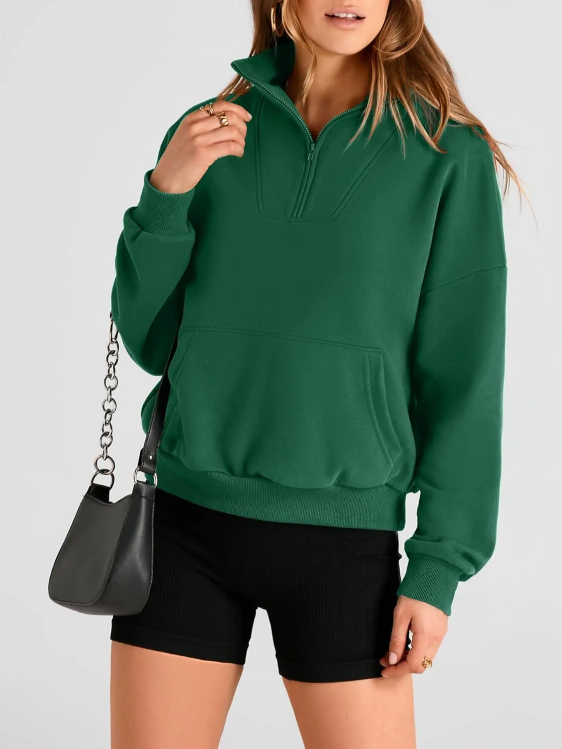 PRETTYGARDEN Womens Quarter Zip Long Sleeve Cropped Sweatshirt 2025 Fall Winter Casual V Neck Pullover Tops With Pockets