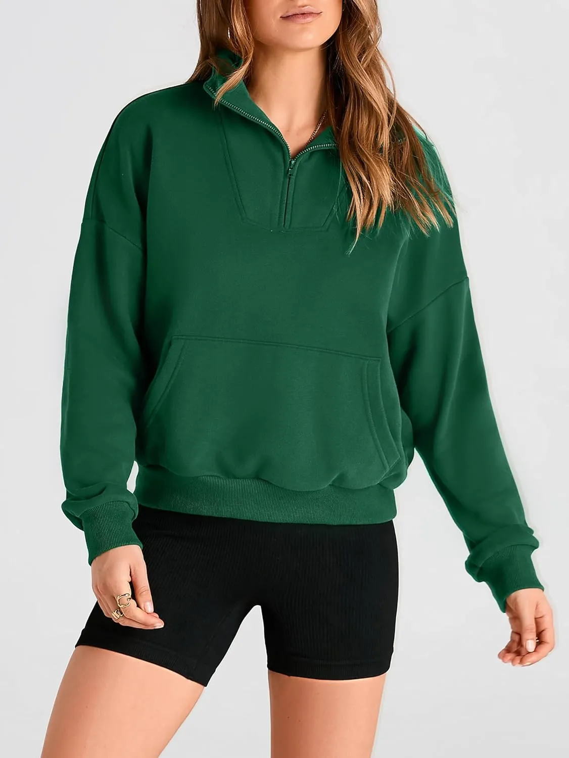 PRETTYGARDEN Womens Quarter Zip Long Sleeve Cropped Sweatshirt 2025 Fall Winter Casual V Neck Pullover Tops With Pockets