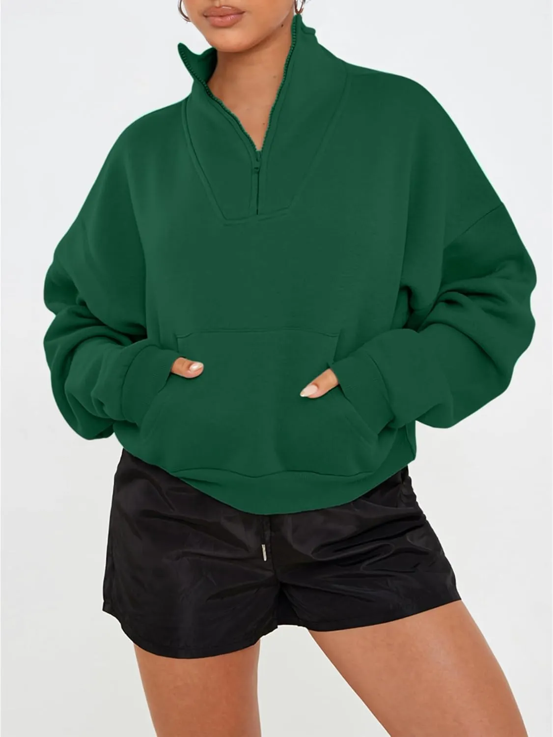 PRETTYGARDEN Womens Quarter Zip Long Sleeve Cropped Sweatshirt 2025 Fall Winter Casual V Neck Pullover Tops With Pockets