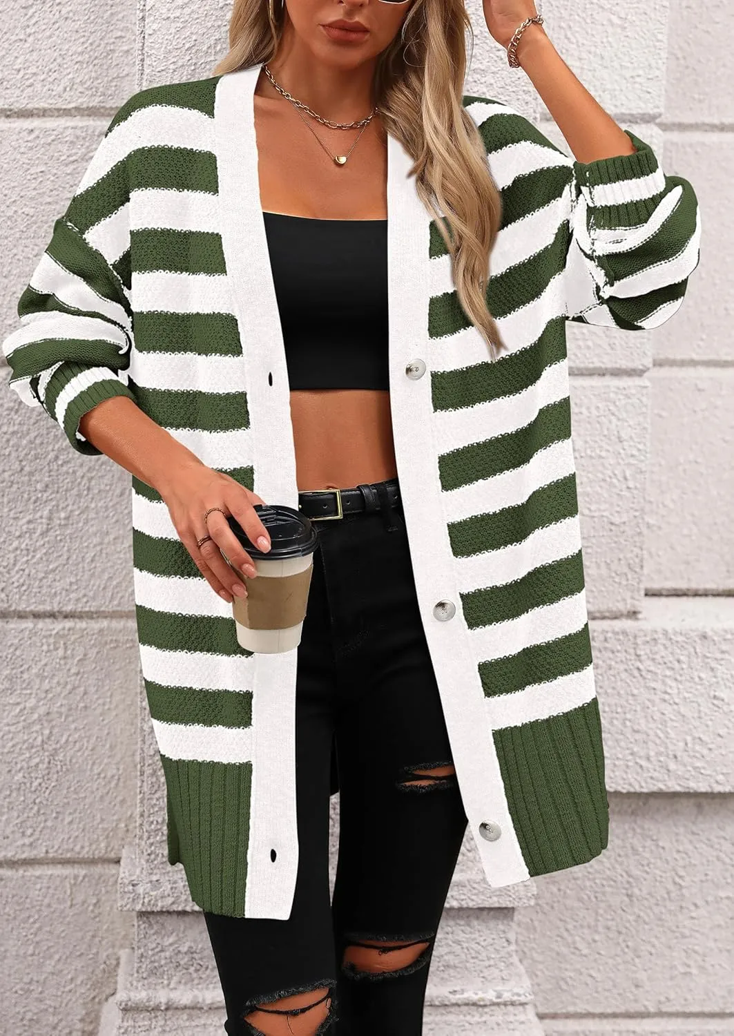 PRETTYGARDEN Women's Winter Striped Cardigan Sweaters Long Sleeve Button Down Open Front Chunky Knit Oversized Sweater Coat