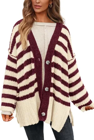 PRETTYGARDEN Women's Winter Striped Cardigan Sweaters Long Sleeve Button Down Open Front Chunky Knit Oversized Sweater Coat