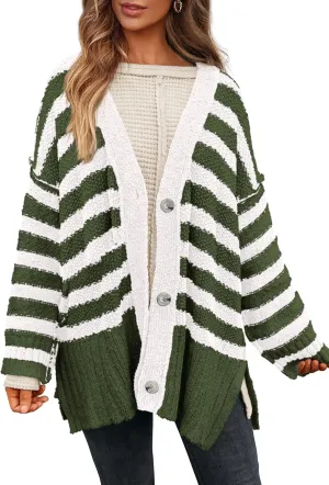 PRETTYGARDEN Women's Winter Striped Cardigan Sweaters Long Sleeve Button Down Open Front Chunky Knit Oversized Sweater Coat