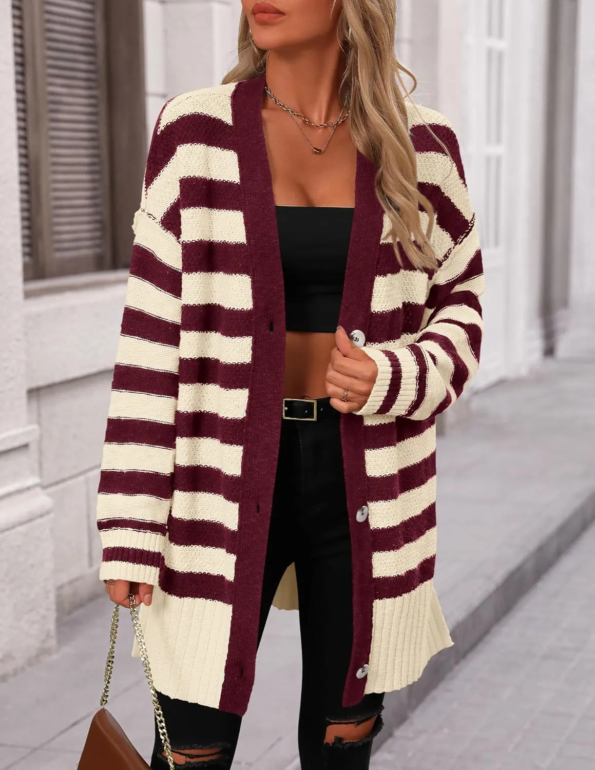 PRETTYGARDEN Women's Winter Striped Cardigan Sweaters Long Sleeve Button Down Open Front Chunky Knit Oversized Sweater Coat