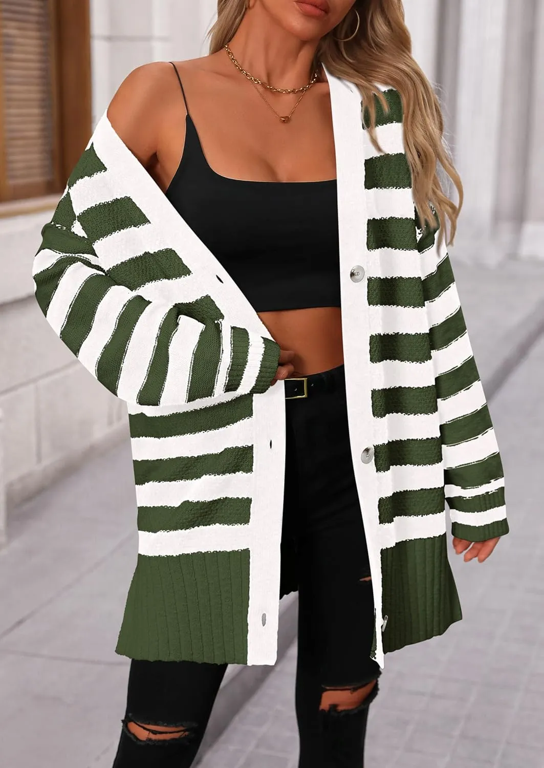 PRETTYGARDEN Women's Winter Striped Cardigan Sweaters Long Sleeve Button Down Open Front Chunky Knit Oversized Sweater Coat